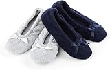 isotoner Damen 2er-Pack Mictroterry Ballerina Slipper mit Satinschleife,...