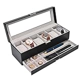 ProCase Uhrenbox mit 6 Fächern，Uhrenkasten mit Glasdeckel, 2 Ebenen,...