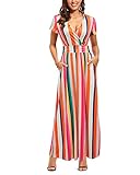 OUGES Sommerkleid Damen Kurzarm V-Ausschnitt Kleider Casual Boho Kleid...