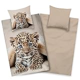 Aminata kids Bettwäsche 135x200 80x80 Leopard Safari Tiermotiv Baumwolle...