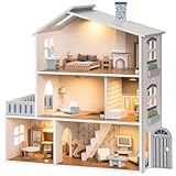 ROBUD Puppenhaus aus Holz Lichtern,3 Etagen, inklusive Möbeln und...
