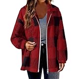 Damen Plüschjacke Karierte Lange Jacke Gefütterte Fleece Winterjacke...