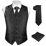 BSBUY Herren 3Pcs Anzugweste mit Krawatte & Einstecktuch, Schwarz, Paisley,...