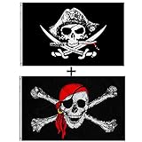 150x90 cm Piraten Flagge - Jolly Roger Schädel Brust gekreuzte Knochen...