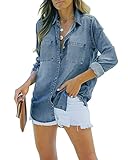 Feziakuk Damen Jeanshemd Button Down Jeansbluse Langarm Weich Denim Hemd...