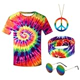 SAIIURV 4 Stücke 70er Kostüme, Hippie T-Shirt Brille Peace Halskette...