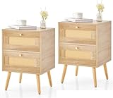 GIANTEX Nachttisch 2er Set, Nachtschrank Rattan Boho, Nachtkästchen mit 2...