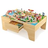 COSTWAY 84-teiliges Kinder Eisenbahn Set, Spieltisch aus Holz mit...