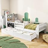 Kinderbett 90x200, Holzbett mit Schubladen und Tafel, Kopfteil mit...