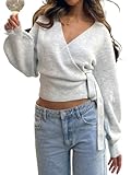 GORGLITTER Damen Pullover Elegant Wickelpullover mit Knoten Tiefer V...