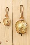 Kuhglocke, Ziegenglocke in antikgold aus Metall, mit braunem Riemen, 1...