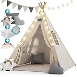 Spielwerk® Kindertipi Spielzelt Baumwolle 130x130x160cm Bodenmatte...