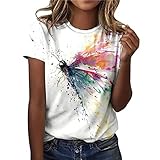 Damen Oberteile Sommer Tshirt Kurzarm Bluse mit Rundhalsausschnitt Bunte...