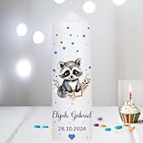 Taufkerze mit Waschbär in Grau und Blau, personalisierbar in 25x8 cm | Mit...