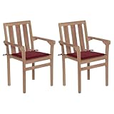ZQQLVOO Gartenstühle 2 STK. mit Weinroten Kissen Teak Massivholz...