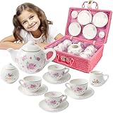 Jewelkeeper - Tee Set Porzellan für Kinder mit rosa Picknick-Korb,...