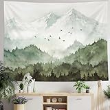 Mountain Forest Tapestry, Misty Foggy Salbei Green Tree Landschaft Aquarell...