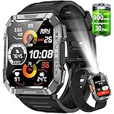 IOWODO Militär Smartwatch Herren,100 Tage Akku, LED Taschenlampe,...