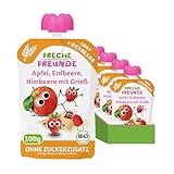 FRECHE FREUNDE Bio Quetschie Apfel, Erdbeere, Himbeere mit Grieß,...