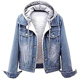 Jeansjacke Damen; Winter mit Kapuze Jeansjacke Gefüttert Warm Weiß Jeans...