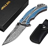 Damast Taschenmesser mit Olivenholzgriff, Klappmesser Damast für Camping,...