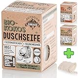 Bio Duschseife mit Seifensäckchen ohne Plastik und Palmöl (Kokos)