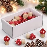 Set 24 Stück Mini-Pilze Fliegenpilze aus Holz, Weihnachtsdeko Herbstdeko...