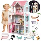 Mamabrum XXL Holzpuppenhaus 123 cm mit LED-Beleuchtung, Puppenhaus Möbel &...