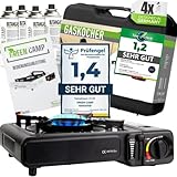 GREEN CAMP® Gaskocher inkl. 4 Kartuschen - Campingkocher mit Piezozündung...