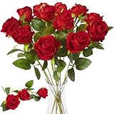 Kinisty 12 Stück Künstliche Blumen Rot Fake Rosen, Plastikblumen...