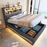 LAKFEW Doppelbett Polsterbett 140x200 cm mit LED-Lichtband und...