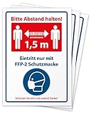 3 hochwertige Aufkleber Bitte Abstand halten 1,5 m und FFP-2 Mund- und...