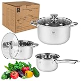 Topfset Induktion 3-teilig, Kochtopf Set mit Glasdeckel, Edelstahl...