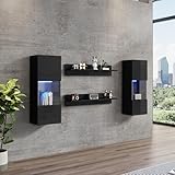Merax Wohnwand 4-Teilig Set, Wohnwand Komplett-Set in Schwarz Hochglanz,...