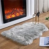 Ruedong Faux Fur Fell Teppich Schaffell Grau 40x60 cm, Longhair Flauschiger...
