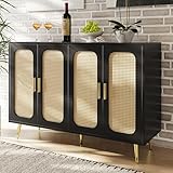 HAINEW Sideboard Kommode mit 4 Rattan Türen, Schwarz Aufbewahrungsschrank...