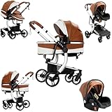 Aveainelle PU-Leder Kinderwagen 3 in 1, Faltbarer Kinderwagen Set, Bequemer...