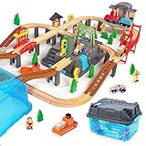 WOODENFUN 100 Stück Holzeisenbahn und Züge Pack Eisenbahn Anfängerset...