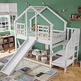 Aoskem Kinderbett Etagenbett 90x200, Hochbett Hausbett Holzbett mit Treppe...