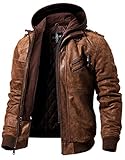 FLAVOR Echtes Lederjacke Herren Abnehmbarer Hoodie (XL, Braun)