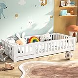 BONUIE Kinderbett 200x90 cm mit Rausfallschutz, Weiß Jugendbett Sicheres...