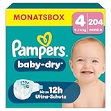 Pampers Baby-Dry Größe 4, 204 Windeln, 9kg-14kg, Bis zu 100%...