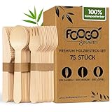 FOOGO Green 75-teiliges Einweg-Holzbesteck-Set, 50x Gabeln, 50x Löffel,...
