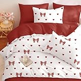Freyamy Schleife Bettwäsche 135x200cm Mädchen Weiß Rot Schleifen Herzen...
