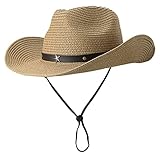 Damen Strohhut Cowboyhut mit breiter Krempe Westernhut Cowgirl-Hut Sommer...