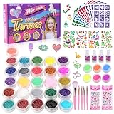 Glitzer Tattoo Set für Kinder, 32 Farben | 139 Schablonen | 40+ Temporäre...