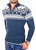 Reslad Herren Strickpullover Crewneck Zipper Norweger Pullover RS-3110 Blau...