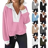 RLEHJN Sweatshirt für Damen Langärmeliges Oberteile Einfarbige Revers...