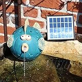 Wasserspeier Fisch mit Solarpumpe blau aus Keramik für Miniteich oder...
