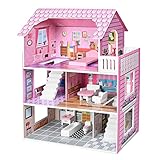 FIVMEN Puppenhaus Holz Dollhouse 3 Etagen Puppenhäuser mit Möbeln und...